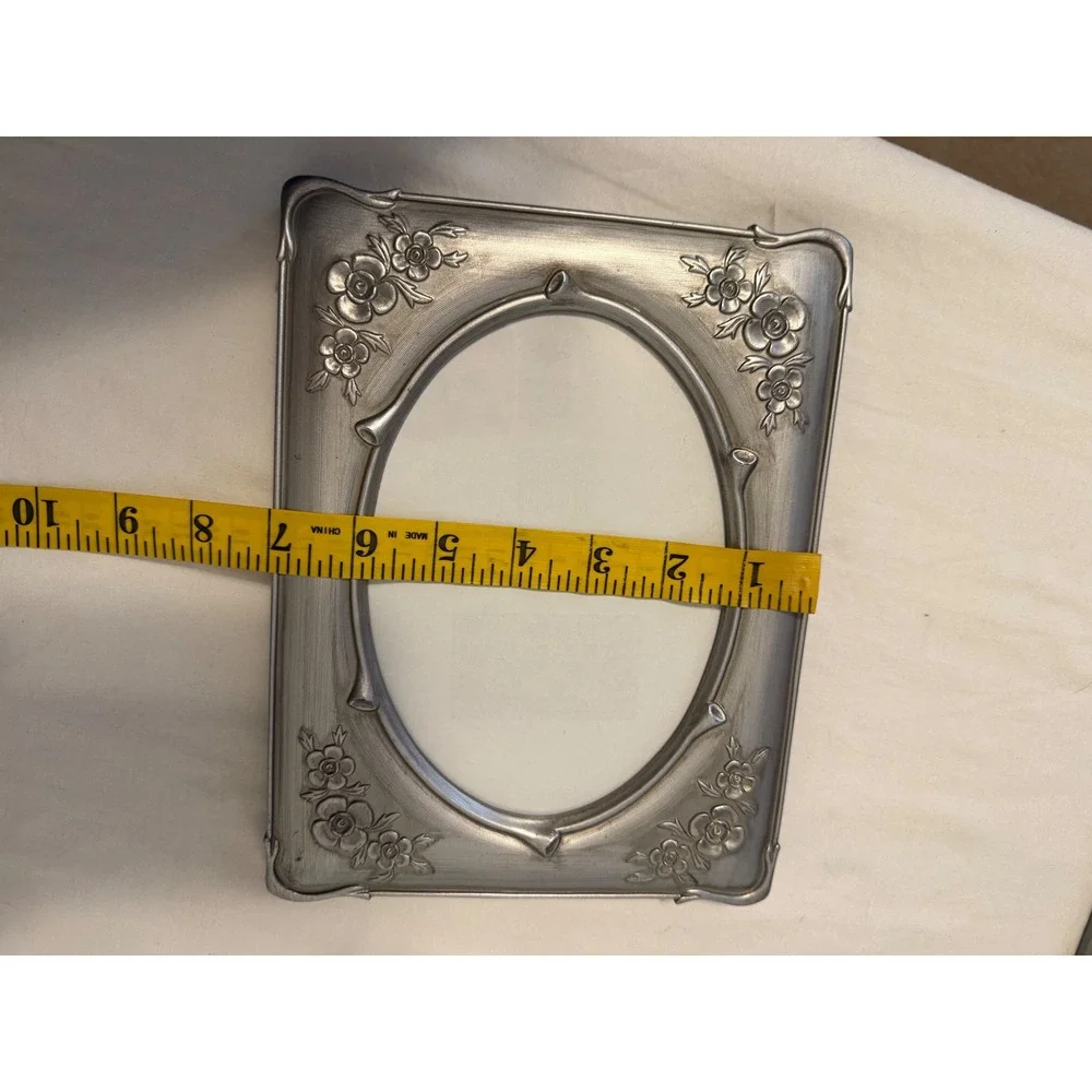 Vintage Style Pewter Silver Floral Plastic Picture Frame Oval Opening 5x7 7x9